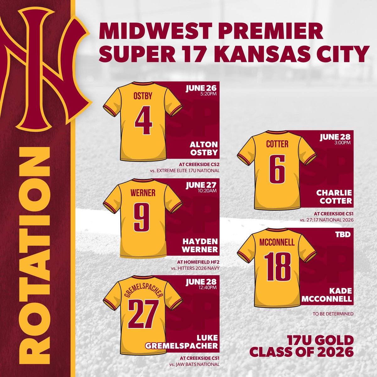 Indiana Nitro Gold 2026 (@nitrogold2026) on Twitter photo ๐ธPitching Rotation๐ธ
Midwest Premier Super 17 in
Kansas City
Game 1
<a href="/AltonOstbyBSBL/">Alton Ostby</a>
Game 2
<a href="/HaydenWerner16/">Hayden Werner</a>
Game 3
<a href="/lgremel27/">Luke Gremelspacher</a>
Game 4
<a href="/CharlieCotter26/">Charlie Cotter</a>
Game 5
<a href="/kade_mcconnell/">Kade McConnell</a> ๐ธPitching Rotation๐ธ
Midwest Premier Super 17 in
Kansas City
Game 1
<a href="/AltonOstbyBSBL/">Alton Ostby</a>
Game 2
<a href="/HaydenWerner16/">Hayden Werner</a>
Game 3
<a href="/lgremel27/">Luke Gremelspacher</a>
Game 4
<a href="/CharlieCotter26/">Charlie Cotter</a>
Game 5
<a href="/kade_mcconnell/">Kade McConnell</a>