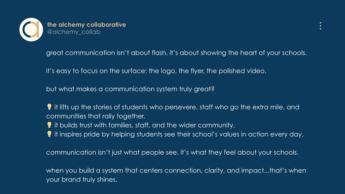 alchemy_collab's tweet image. great communication isn’t about flash. it’s about showing the heart of your schools.
it’s not what people see. it’s what they feel.
we 👀 you, @hcpsky!
#alchemycollab #schoolpr