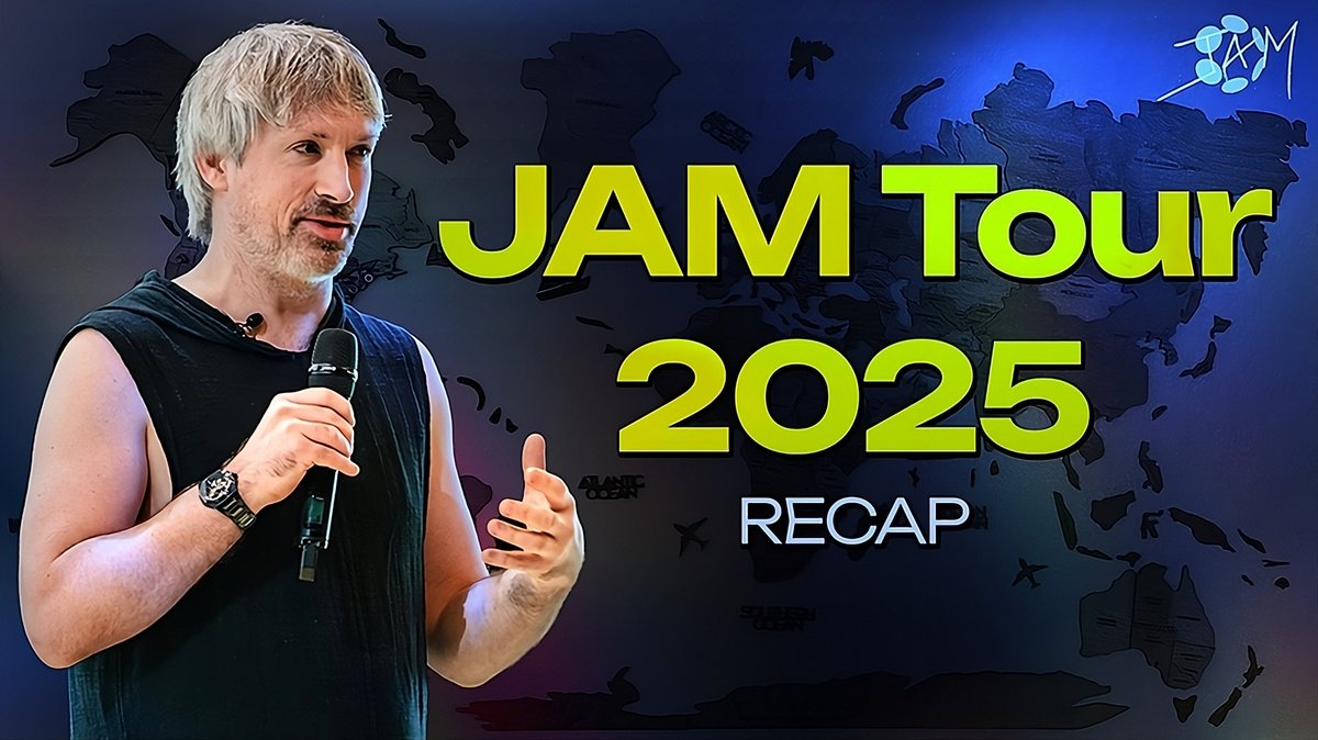 pala_labs's tweet image. 🧵 JAM Tour 2025 Wrap-Up
→ The official video recap is out! 🎥
Over 24 days, @gavofyork visited 9 cities across two continents, unveiling the future of decentralized infrastructure beyond today’s blockchains: the JAM Protocol.
Let’s dive into the highlights 👇