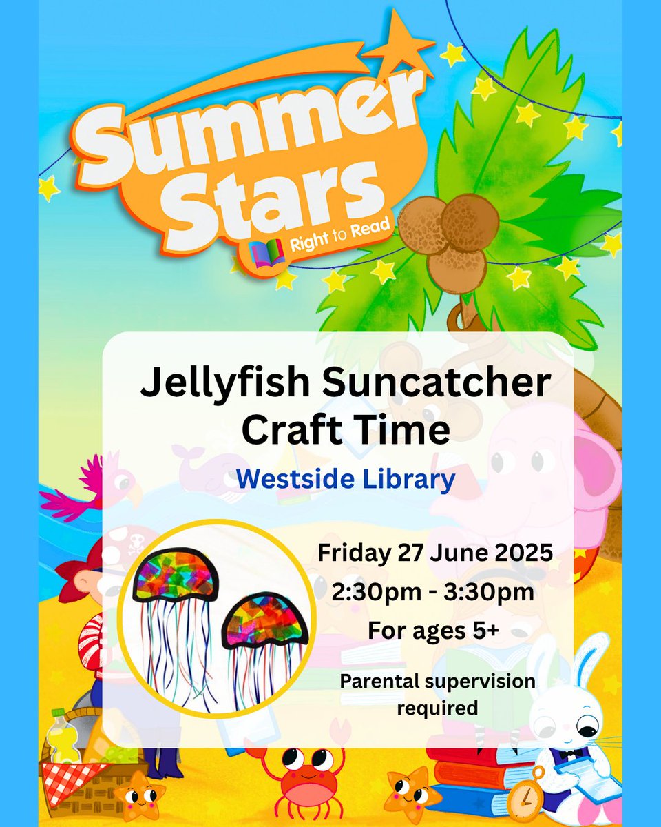 Our #SummerStars craft time starts this Friday 27th June at 2:30pm. We’ll be crafting wonderful luminous Jellyfish Suncatchers. Ages 5 years and up. No booking needed, parental supervision required. #RightToRead #SummerStars2025