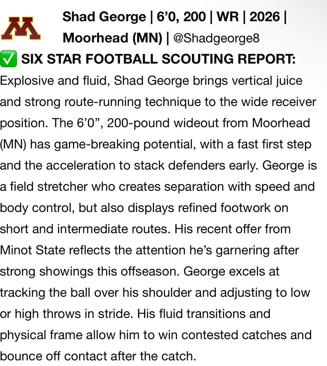 Shadgeorge8's tweet image. Thank you @sixstarfootball and @GopherFootball for the recognition