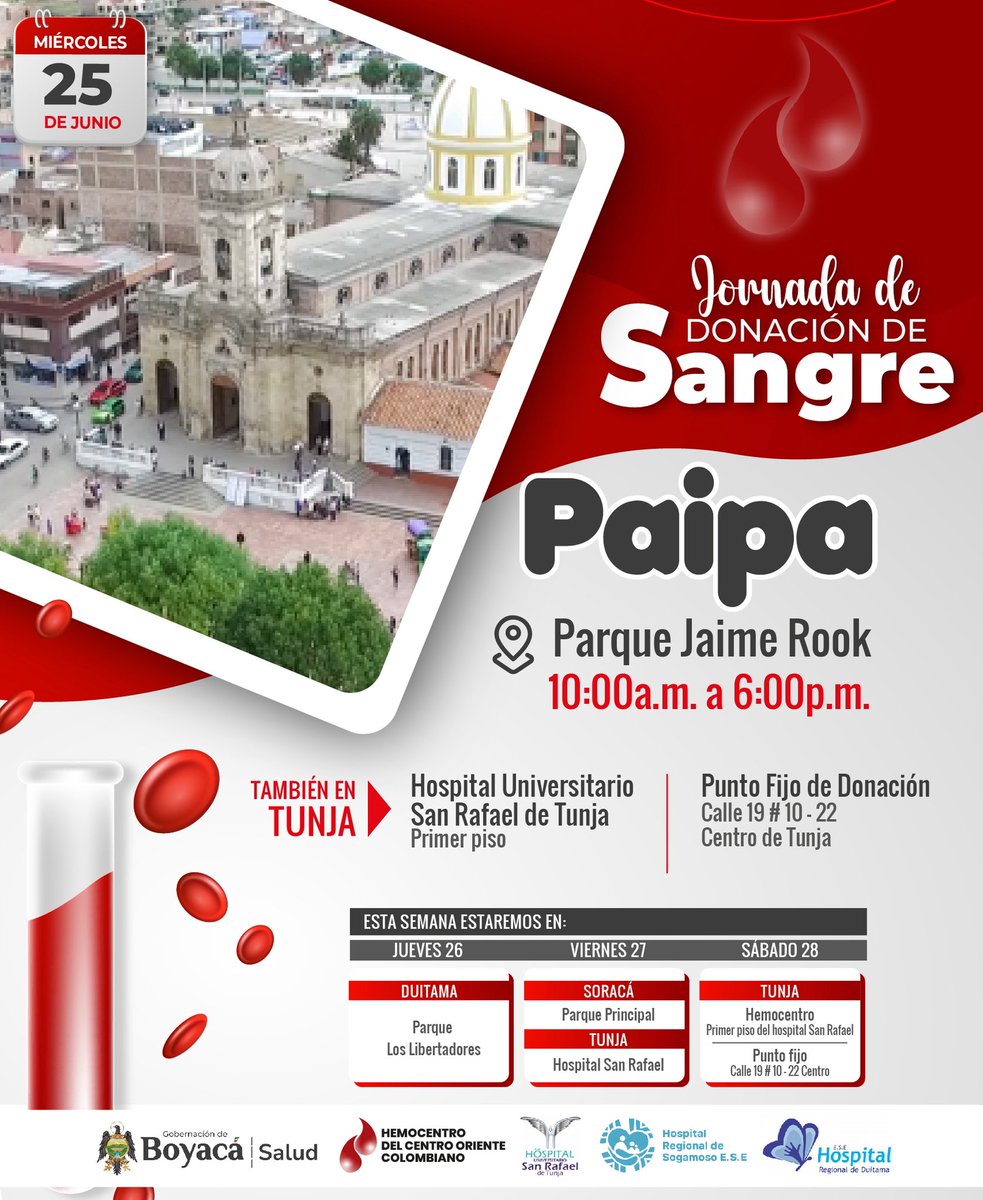 🩸 ¡Paipa dona vida!
📅 Mié 25 de junio
📍 Parque Jaime Rook
🕙 10 a.m. a 6 p.m.

✅ +18 años, +50 kg
✅ Sin hipertensión, diabetes ni antibióticos
✅ Haber comido
💉 Dona sangre, salva hasta 3 vidas ❤️

#DonaSangre #SalvaVidas #ActoDeAmor
