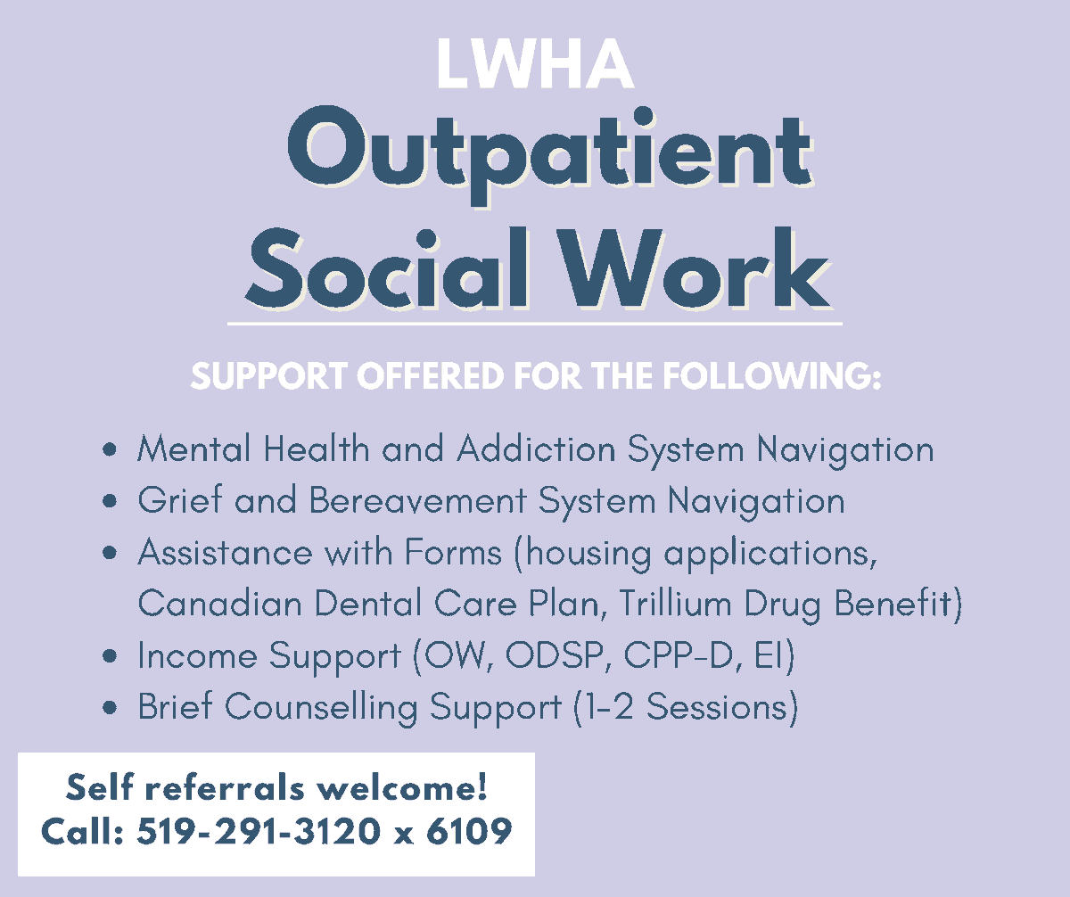 List_Wing_Hosp's tweet image. LWHA Outpatient Social Work offers support for the following: · Mental health and addiction system navigation · Grief and bereavement system navigation · Assistance with forms · Income support · Brief counselling support  Self referrals welcome! Call 519-291-3120 ext. 6109