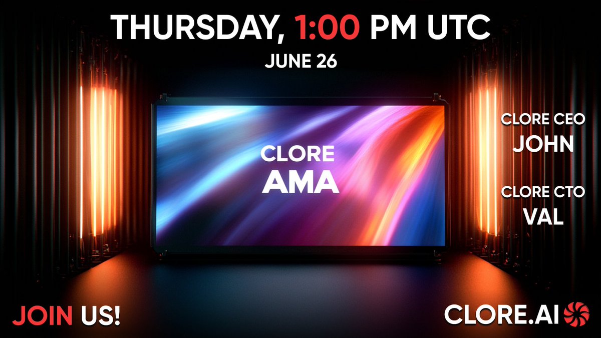 clore_ai's tweet photo. 🔥 26 June 2025 at 13:00 UTC the Clore team is hosting an AMA (Ask Me Anything) in English in our official Telegram chat: https://t.co/ge2wlPmywt.

We’ll be answering your questions and sharing our highlights from superAI. Bring your curiosity, join the conversation, and see what’s next for Clore. See you there! 🚀