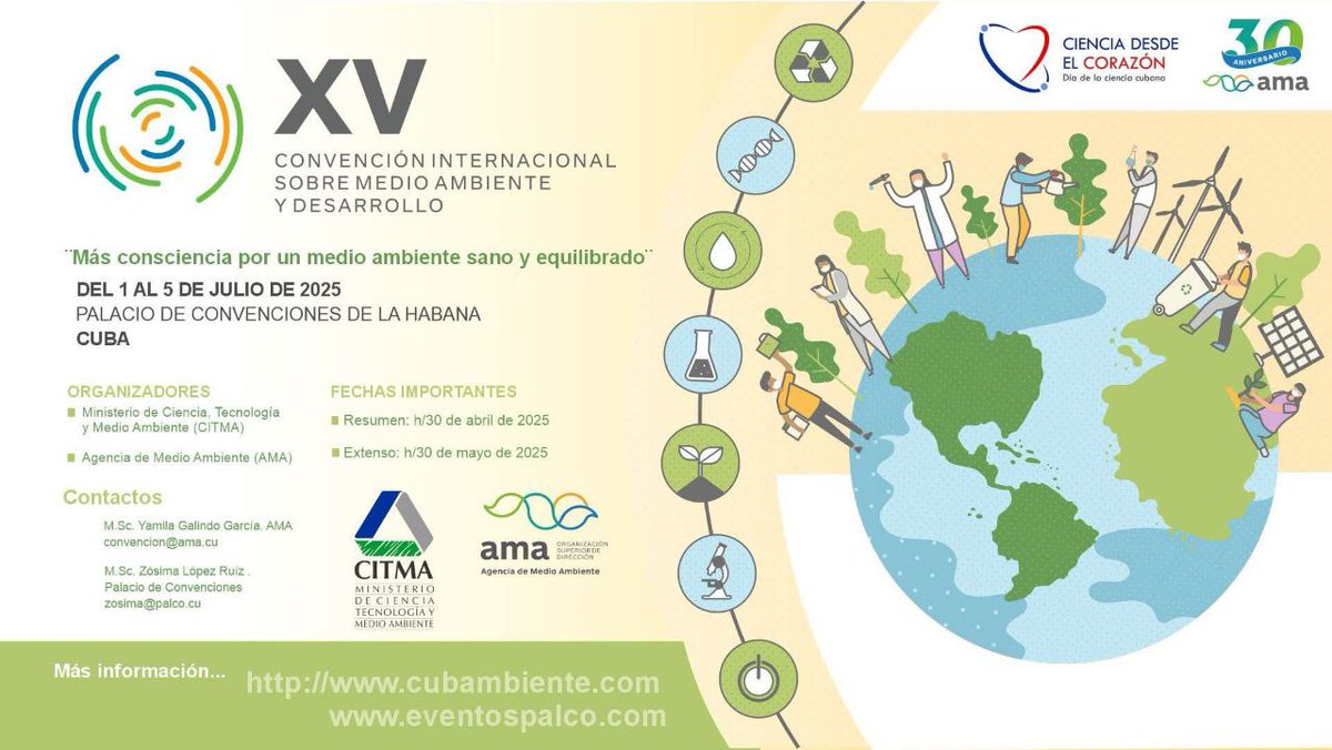 Muy pronto iniciaremos la XV Convención Internacional sobre Medio Ambiente y Desarrollo!! Les esperamos!!
Del 1 al 5 de julio, en La Habana, #Cuba🇨🇺
“Más conciencia por un medio ambiente sano”.
#AmarCubaAmarLaNaturaleza💚  #CienciaCubana #Cuba