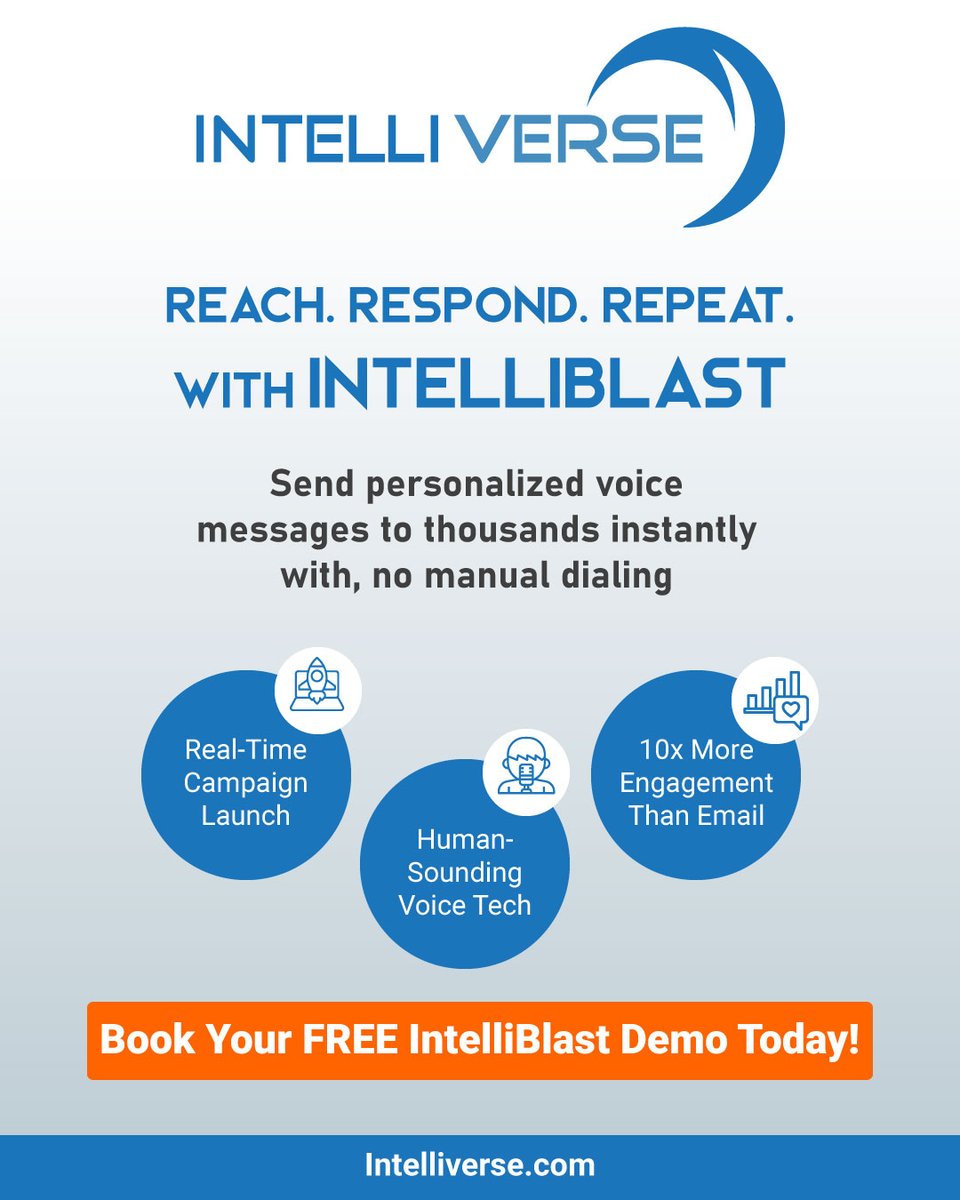 🎧 Be heard where it matters!

Email gets ignored. Voice gets results.

Send 1,000s of real human-sounding messages with 1 click.

👉 Book your free IntelliBlast demo now : intelliverse.com

#VoiceEngagement #B2BMarketing #SmartAutomation #IntelliBlast
