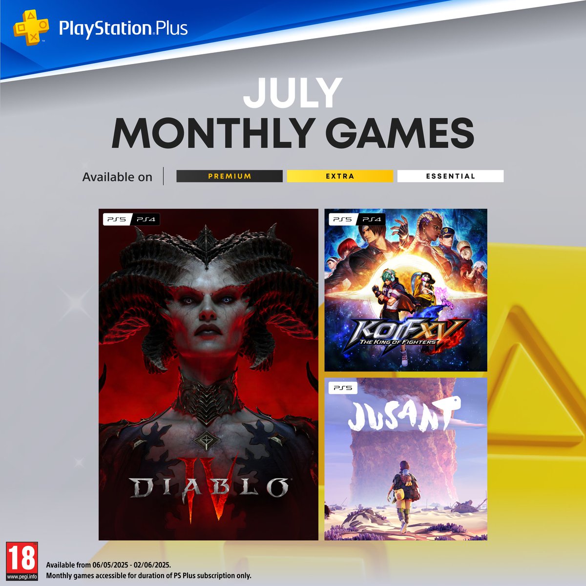 PlayStationUK's tweet photo. Your PlayStation Plus Monthly Games for July include a hellishly good action-RPG, fighting game royalty, and a gorgeous, puzzling, climbing game:

👹 Diablo IV
👑 The King of Fighters XV
🧗 Jusant
https://t.co/AEpP5FQzEx https://t.co/ppOe8lOJS8