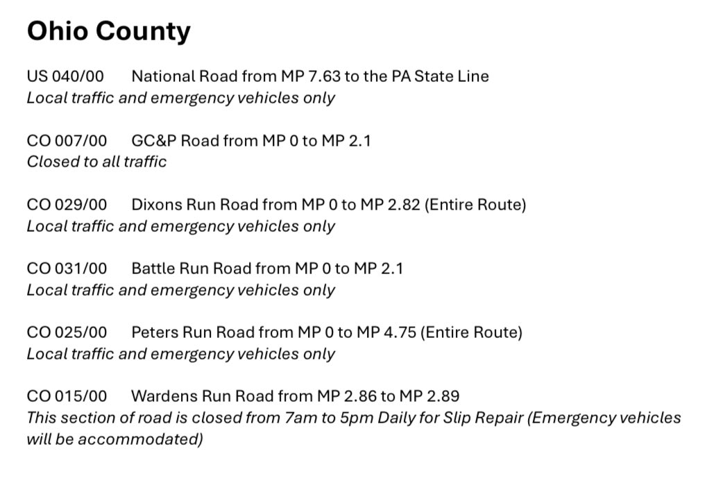 OhioCountyWVEMA's tweet photo. 🚧Update from @WVDOT on road restrictions/closures: (per https://t.co/oXZkPrGjo0) https://t.co/JlddimeYOT