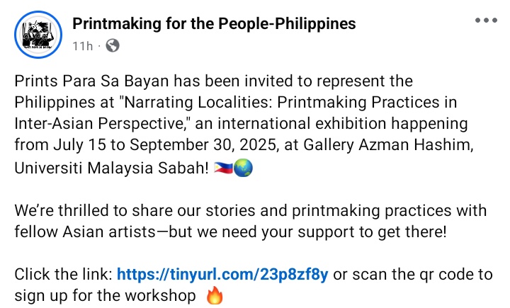 minimumfare's tweet photo. Printmaking workshop for a cause | July 6, QC
Invited ang Prints para sa Bayan sa isang exhibit sa Malaysia. Mayroon kaming plano na maglunsad ng printmaking workshop para makalikom ng additional funds (logistics, food etc). 

Register na kayo rito: https://t.co/dMieDUW5tT https://t.co/L3Qnml7jsY