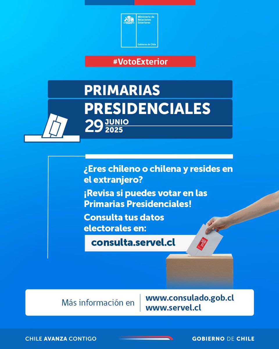 🗳️ #VotoExterior | RECUERDA: El 29 de junio son las Primarias Presidenciales en Chile y en el extranjero.
Encuentra más información 👉 bit.ly/44dpn8O