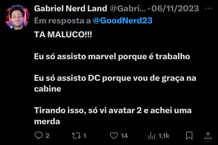 O NERD DO X/TT🌕👹 ᵐᵃʸʰᵉᵐ (@eurafaooo) on Twitter photo “Só assisto DC porque vou de graça na cabine”
Ah ele é todo bonzinho, ele é tão galera, ele é jovem, sabe ? Vai se foder, chato pracas! “Só assisto DC porque vou de graça na cabine”
Ah ele é todo bonzinho, ele é tão galera, ele é jovem, sabe ? Vai se foder, chato pracas!