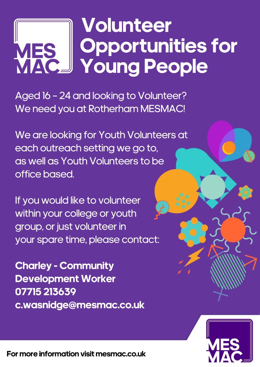 MesmacRotherham's tweet image. Looking for a new challenge or something unique for your CV?
We're looking for youth volunteers to support us at outreach, events like Pride and freshers and to help create a welcoming atmosphere in our office