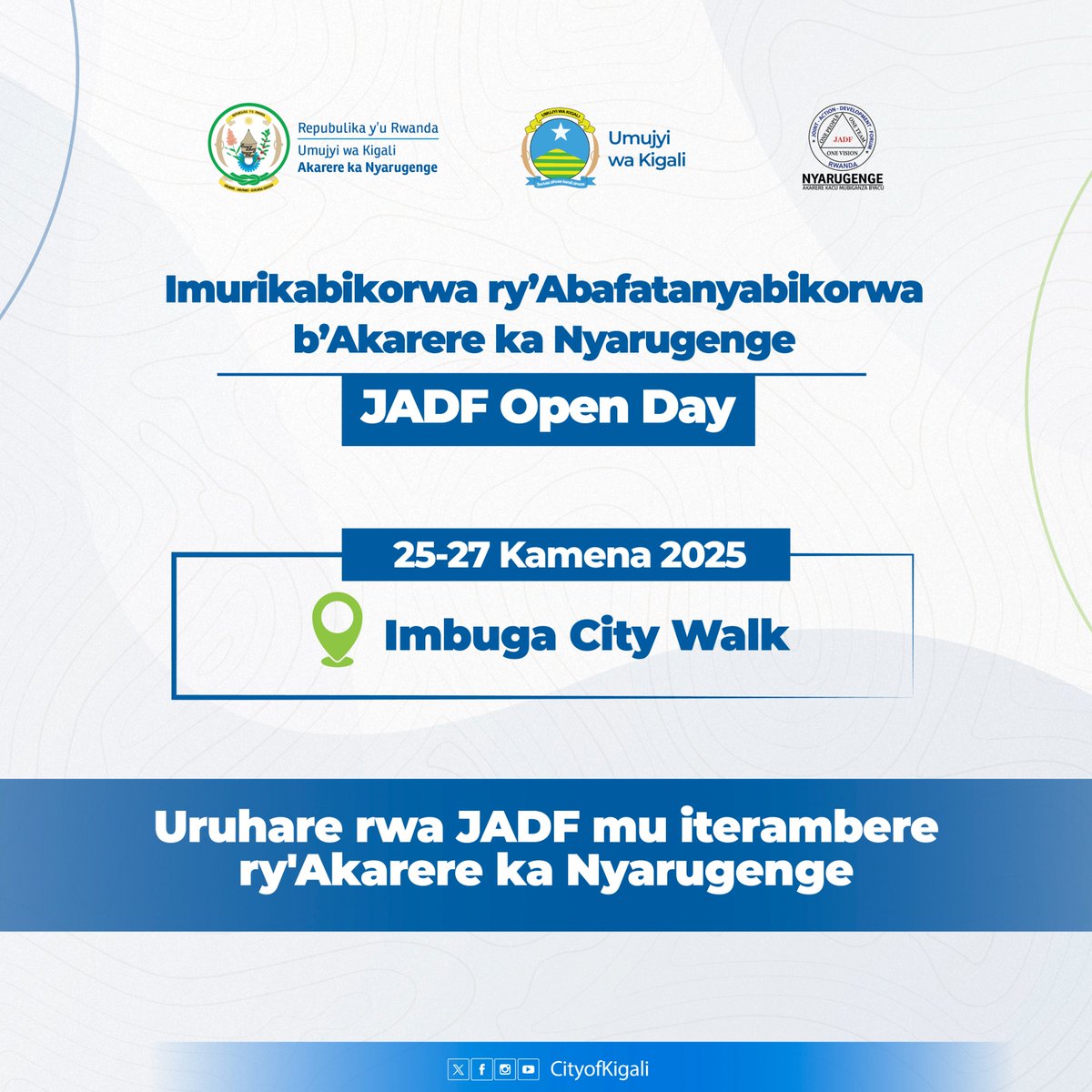Baturage ba #Nyarugenge namwe nshuti zacu: Ntimucikwe n'Imurikabikorwa ry'abafatanyabikorwa b'Akarere mu iterambere ribera mu Imbuga City Walk (Car Free zone), riramurikirwamo ibicuruzwa binyuranye bikorerwa iwacu na serivisi zitangwa n'inzego z'Ubuyobozi n'abafatanyabikorwa.