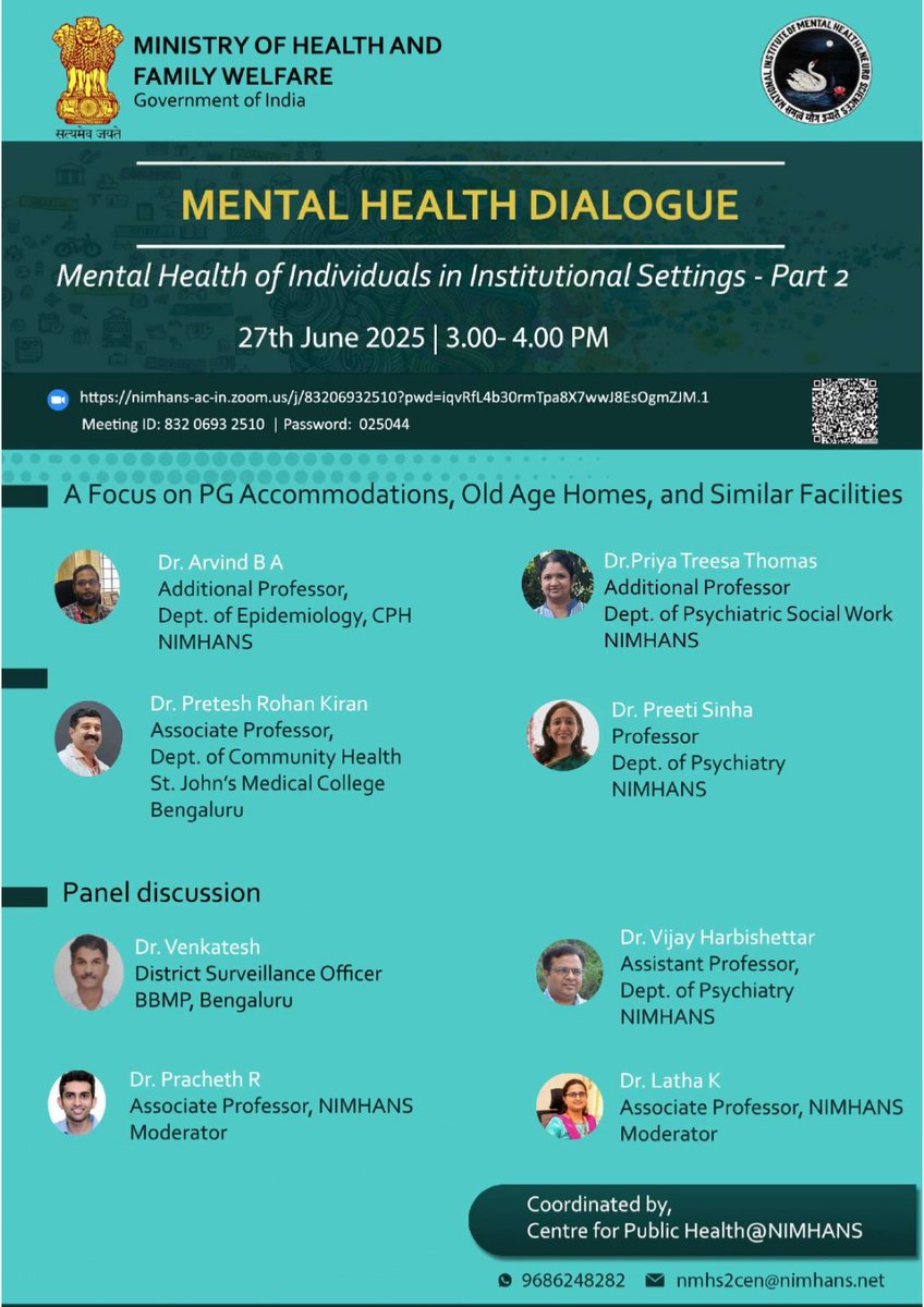 mheduNIMHANS's tweet photo. 🚨 Join the #MentalHealthDialogue around mental health challenges of institutionalised persons, to explore struggles faced in PG Accommodations, old age homes & similar spaces.
🗓 27 June | 🕒 3–4 PM
🔗 Zoom: https://t.co/E2NGk6hbFg
#NMHS2 #TeleMANAS #MentalHealthAwareness https://t.co/xDl6hq3uvP