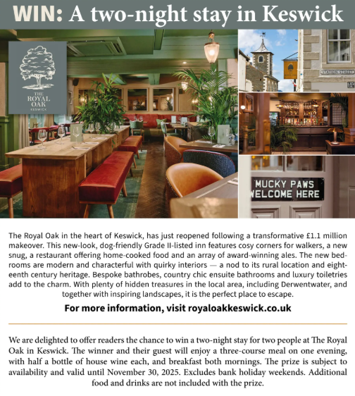 cumbrialakeland's tweet photo. Don't miss your chance to win this two-night stay in Keswick, curtesy of the Royal Oak Hotel.
Follow the link in our bio to order your July issue...
#competition #competitions #competitionuk #competitiontime #competitionwinner #CompetitionReady https://t.co/9HrLj6GXoO