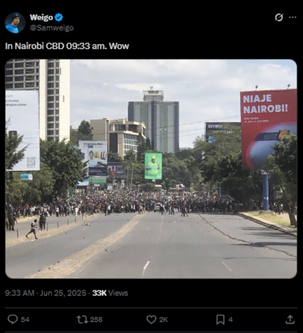 Claim: Live scenes from the June 25, 2025 protests in Nairobi, as of 9:00 AM.

Fact: We have fact-checked this content by <a href="/Samweigo/">Weigo</a> and established that it is misleading.
 
Summary: A reverse image search revealed that the image was first published on June 24, 2024, by ANF