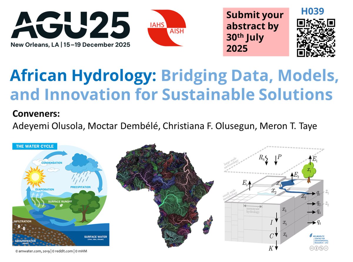 🌍 Calling all water researchers! Join us at #AGU25 for Session H039: African Hydrology: Bridging Data, Models &amp; Innovation. Submit work on AI, remote sensing, floods/droughts, WEFE, &amp; local solutions. Let’s build water-secure futures! 💧
#Hydrology #Africa #WaterSecurity