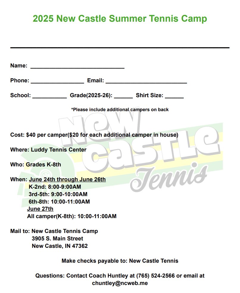 Tennis Camp continues today  and tomorrow for Kindergarten through 8th Graders!