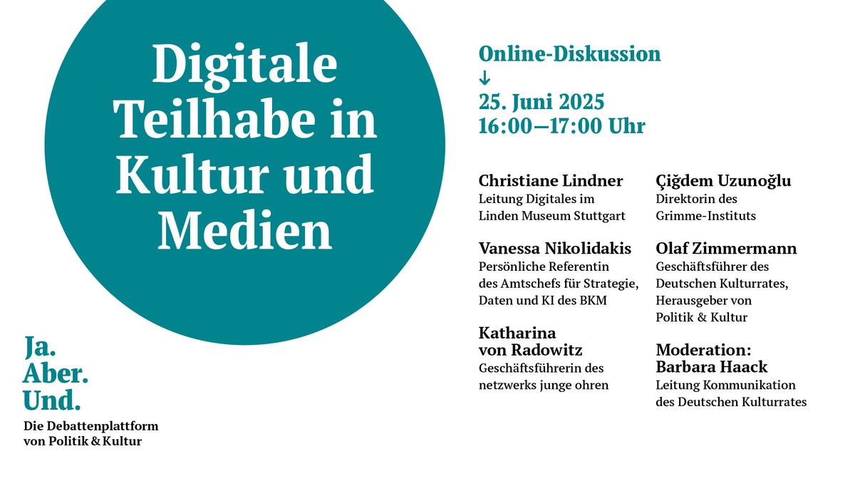 Heute, 16 Uhr, live! Online-Diskussion #JaAberUnd über Digitale Teilhabe in Kultur und Medien. Es geht um die Möglichkeiten und Grenzen digitaler Formate im Kultur- und Medienbereich, wie man neue Publikumsgruppen erreichen kann, u.v.m. --&gt; Jetzt anmelden: kulturrat.de/presse/pressem…