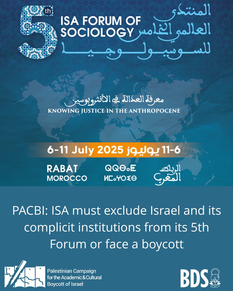 Palestinians call for pressure on the International Sociological Association (ISA) to exclude Israel and its complicit institutions from its 5th Forum or face a boycott.

loom.ly/rw894Kw

#ISAforum25