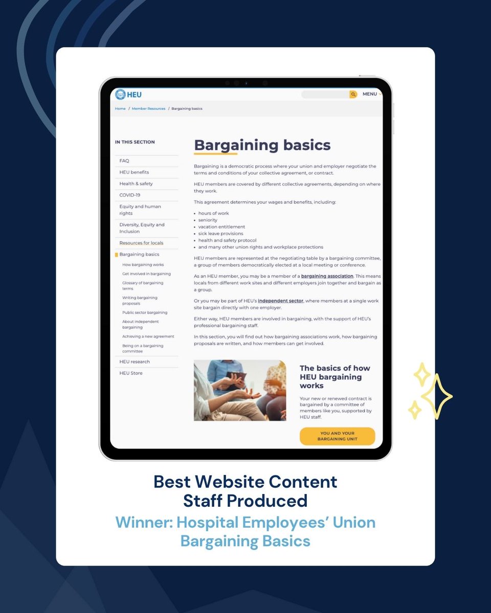 CanLabourMedia's tweet image. HEU did a fantastic job when building &quot;Bargaining Basics&quot;. So much so that it won the Best Website Content Award!

We invite you to have a look by visiting heu.org/bargaining-bas….
