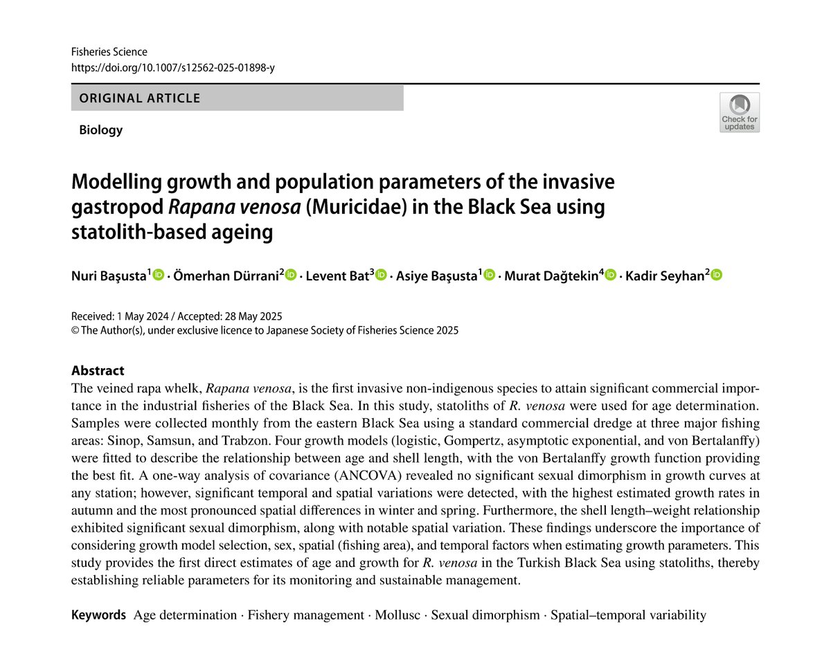 dr_OmerHan's tweet photo. Our study is the first to directly determine the age of Rapana venosa in the 🇹🇷 Black Sea using #statoliths—paving the way for accurate growth modeling and sustainable management.
#Mollusca #BlackSea #Rapanavenosa
[My 7th paper in 2025 – Q3] https://t.co/Tew5n89Wz5