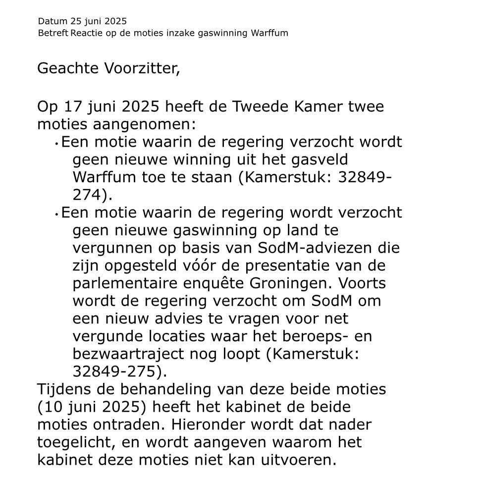 Ongekend pijnlijk dat minister Hermans onze aangenomen motie negeert en doorgaat met gaswinning bij Warffum.

Ipv Kameropdracht uitvoeren kiezen voor tegenwerking en gas boven Groningers, zelfs na de parlementaire enquête. 

Wij zullen blijven strijden voor #RespectVoorGroningen