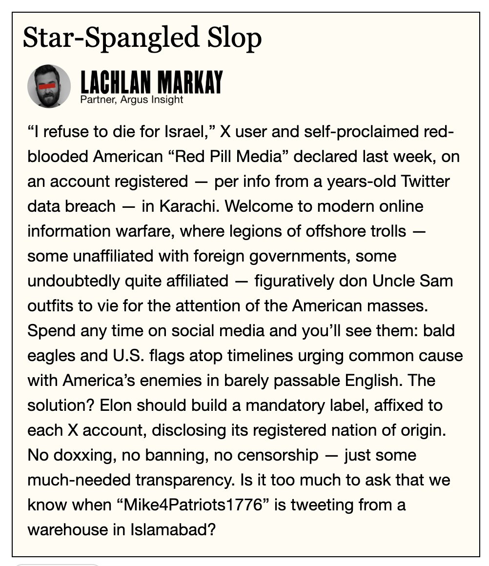 lachlan's tweet image. Delighted to share a take in this morning&apos;s @PirateWires. Label the fake-American slop, @elonmusk!