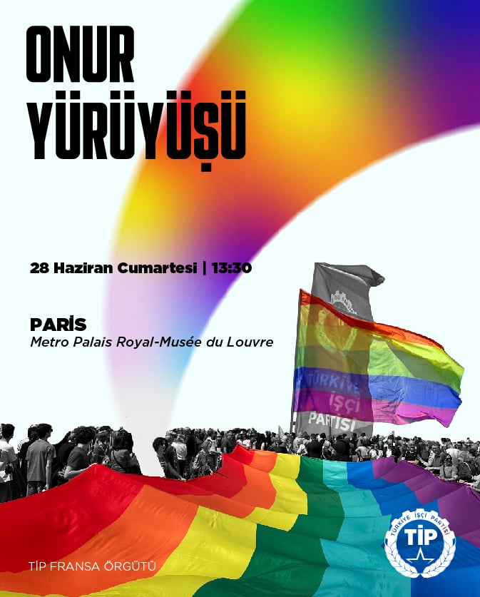 Türkiye gibi Fransa'da da yükselen sağın LGBTI+lar ve tüm azınlık kimlikler üzerinden yürüttüğü nefret siyasetine, cinsel yönelim ve kimliğe yönelik baskıya karşı cumartesi günü Paris Onur Yürüyüşü’nde yürüyoruz.
📅28 Haziran
📍Paris, Metro Palais Royal-Musée du Louvre
⏰️13.30