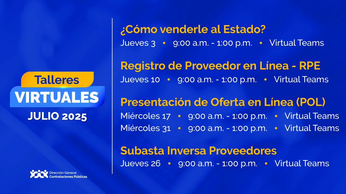 Dirección General de Contrataciones Públicas (@comprasrd) on Twitter photo ¡Participa de nuestros talleres virtuales de julio 2025!
✅dgcp.gob.do/inscripcion-pr…
🔍Para estos talleres no es necesario que tengas un RPE y/o usuario del SECP.
📩Si tienes cualquier duda, contáctanos: capacitacionportal@dgcp.gob.do
#CapacitacionesComprasDO #ComprasDO ¡Participa de nuestros talleres virtuales de julio 2025!
✅dgcp.gob.do/inscripcion-pr…
🔍Para estos talleres no es necesario que tengas un RPE y/o usuario del SECP.
📩Si tienes cualquier duda, contáctanos: capacitacionportal@dgcp.gob.do
#CapacitacionesComprasDO #ComprasDO