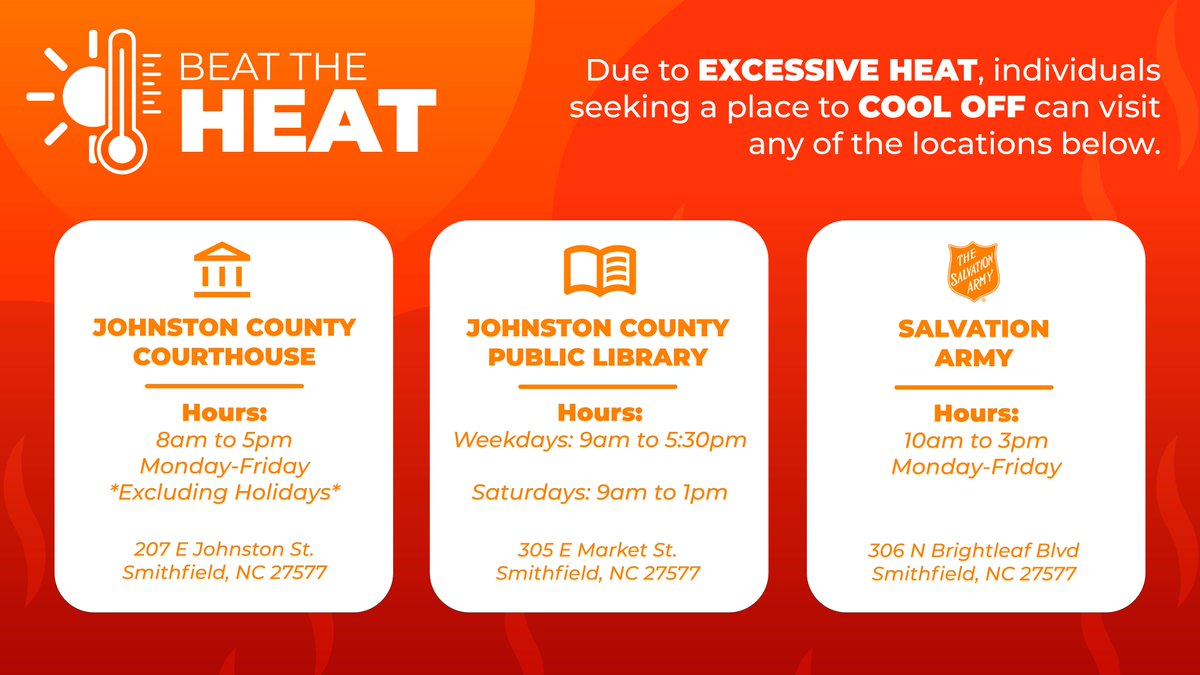JoCo Emergency Services (@jocoemerserv) on Twitter photo Our area continues to be under an Extreme Heat Warning today. Those looking for a place to cool off can visit the Johnston County Courthouse, the Johnston County Public Library, or The Salvation Army.
<a href="/jocogovNC/">Johnston County Government</a> Our area continues to be under an Extreme Heat Warning today. Those looking for a place to cool off can visit the Johnston County Courthouse, the Johnston County Public Library, or The Salvation Army.
<a href="/jocogovNC/">Johnston County Government</a>