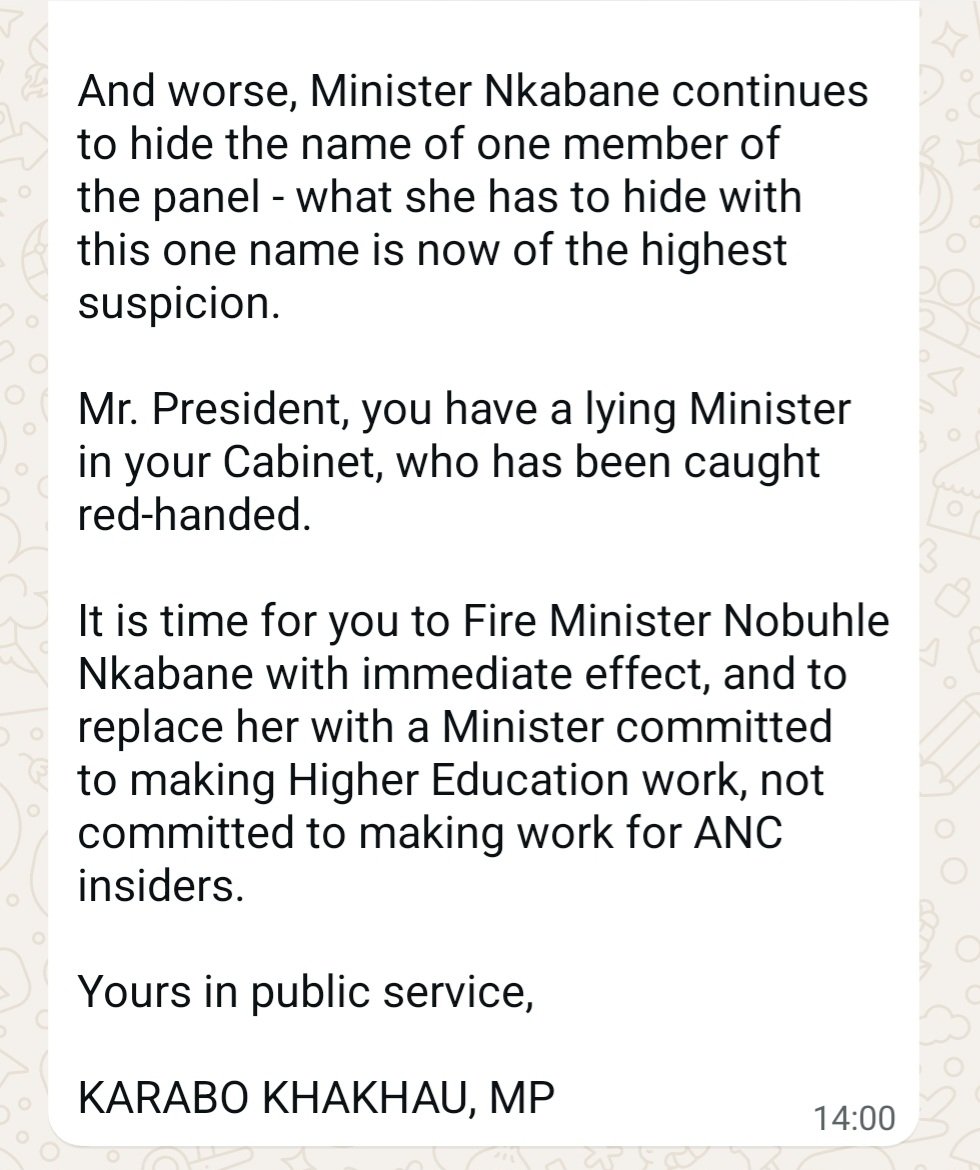 Karabo Khakhau MP (@karabokhakhau) on Twitter photo 🇿🇦 Dear Mr. President <a href="/CyrilRamaphosa/">Cyril Ramaphosa 🇿🇦</a> it's time to fire Minister <a href="/Dr_NobuhleN/">Dr Nobuhle Nkabane</a> with immediate effect. 🇿🇦 Dear Mr. President <a href="/CyrilRamaphosa/">Cyril Ramaphosa 🇿🇦</a> it's time to fire Minister <a href="/Dr_NobuhleN/">Dr Nobuhle Nkabane</a> with immediate effect.