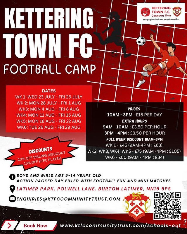 KTFCacademy's tweet photo. 🔴Kettering Town FC Football Camps⚫️ 
Book now for hours of football fun &amp; coaching across the full summer holiday period.  
Learn &amp; develop new skills ⚽️ 
https://t.co/GZIdZ1LNy8 https://t.co/dHoRl8DccR