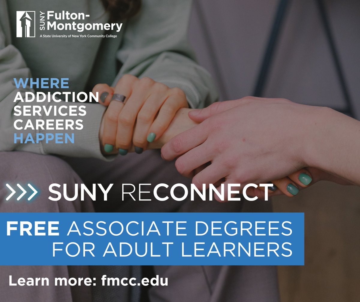 Start earning your associate degree this fall for FREE with SUNY Reconnect! Attend our 7/1 info session to learn more about the program &amp; our eligible degrees in high-demand fields like addiction services. Register ➡️ apply.fmcc.edu/register/recon… #SUNYFMCC