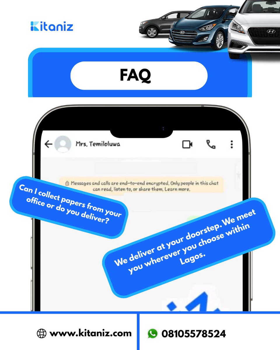 Kitaniz_Limited's tweet photo. Got questions? We've got answers! 📝💡 Check out our FAQ for all your registration needs! Get your vehicle documents via the link: https://t.co/aWoktEeGeq
#registrationmadeeasy #Kitaniz #frequentlyaskedquestions #LagosDrivers https://t.co/CYXDJzo2Hv
