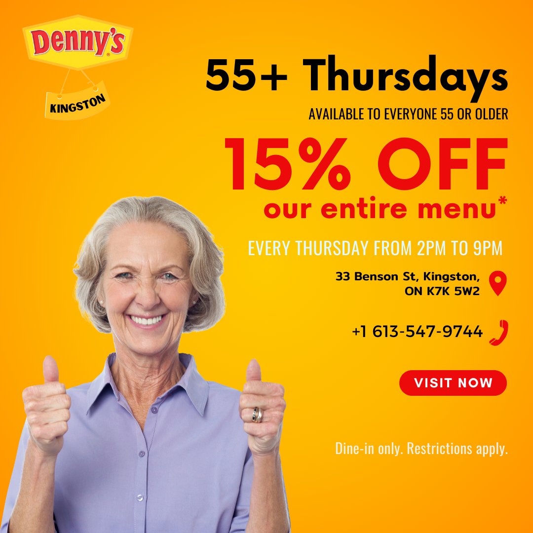 DennysBensonSt's tweet photo. Calling all 55+! Enjoy 15% OFF our entire menu every Thursday from 2PM to 9PM! 🎉

📍 Visit us at 33 Benson St, Kingston, ON
📞 Call: 613-547-9744

A delicious deal for our valued guests – because good food tastes even better with savings! 😊 #DennysKingston #SeniorDiscounts https://t.co/31YAY2FLmG