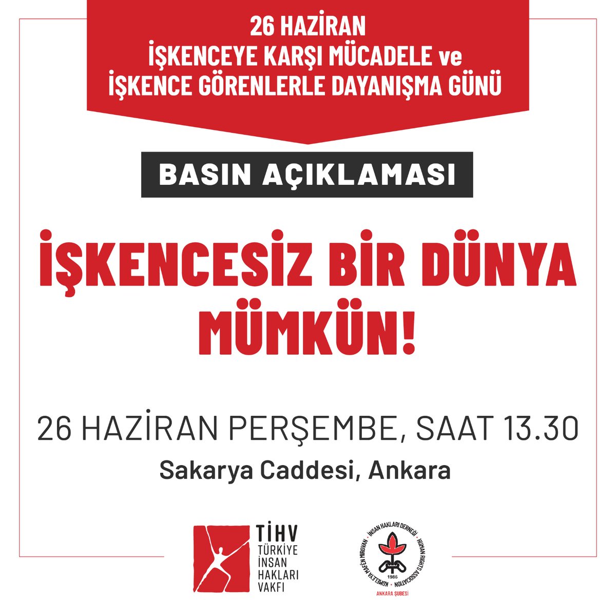 26 Haziran İşkenceye Karşı Mücadele ve İşkence Görenlerle Dayanışma Günü'nde, Türkiye İnsan Hakları Vakfı (TİHV) ile birlikte yapacağımız basın açıklamasına insan hakları ve demokrasi değerlerine inanan herkesi davet ediyoruz. 

🗓️ 26 Haziran Perşembe
⏰ 13.30
📌 Sakarya Caddesi