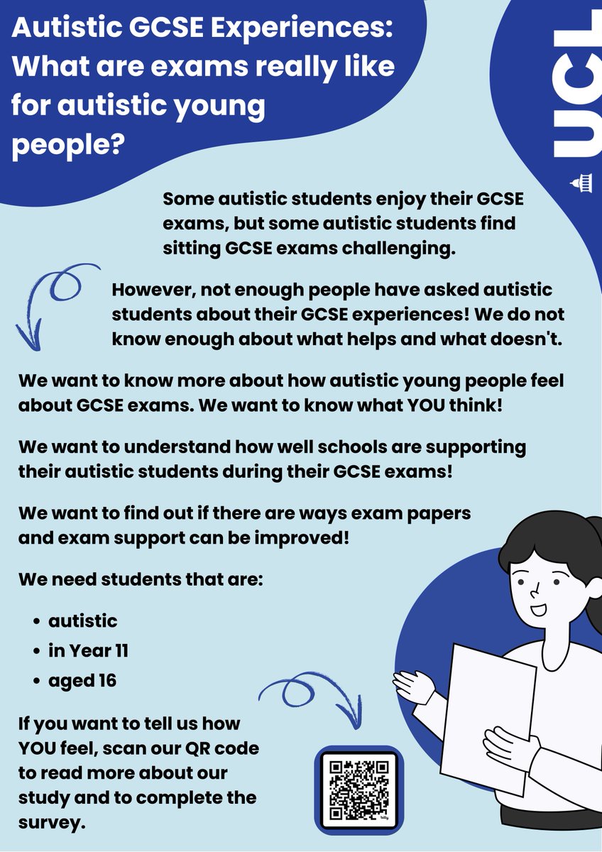 CRAE_IOE's tweet image. Are you autistic? Have you just finished your GCSEs?
And do you have views on exams and school support?
You might be interested in taking part in this master's research project led by former CRAE placement student Aaron:
🔗 qualtrics.ucl.ac.uk/jfe/form/SV_cG…