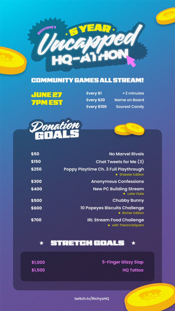 WHAT BETTER WAY TO BRING IN MY 5 YEAR STREAMING ANNIVERSARY THAN SPENDING IT WITH THE COMMUNITY THAT MADE THE HQ WHAT IT IS‼️

HQ-ATHON, JUNE 27TH‼️

THERE WILL BE SHMEAT, GLIZZYS, HAIRLINES, COMMUNITY GAMES, AND CHAOS‼️😝