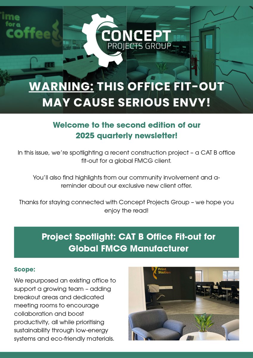 ProjectsConcept's tweet image. Fresh Off the Press: Our Q2 Newsletter Is Here! 📢

Swipe to see how we’ve been delivering high-quality projects, supporting community initiatives, and expanding our network at key industry events.

Want our updates straight to your inbox? Sign up today conceptpg.co.uk
