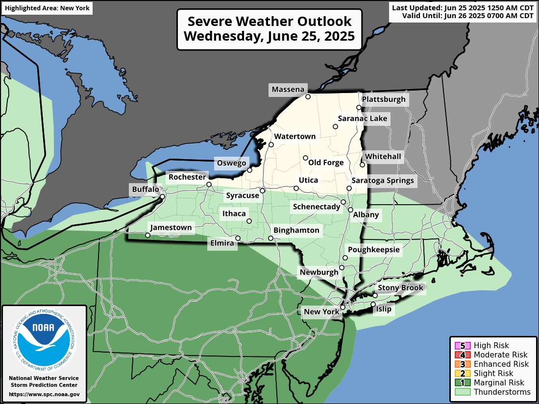 Heat Advisories remain in effect for areas in the Capital Region, Mid-Hudson, NYC, and Long Island as "feels-like" temps reach 100°.

Portions of the Southern Tier &amp; Western NY could experience severe thunderstorms this afternoon with damaging winds, hail &amp; localized tornadoes.