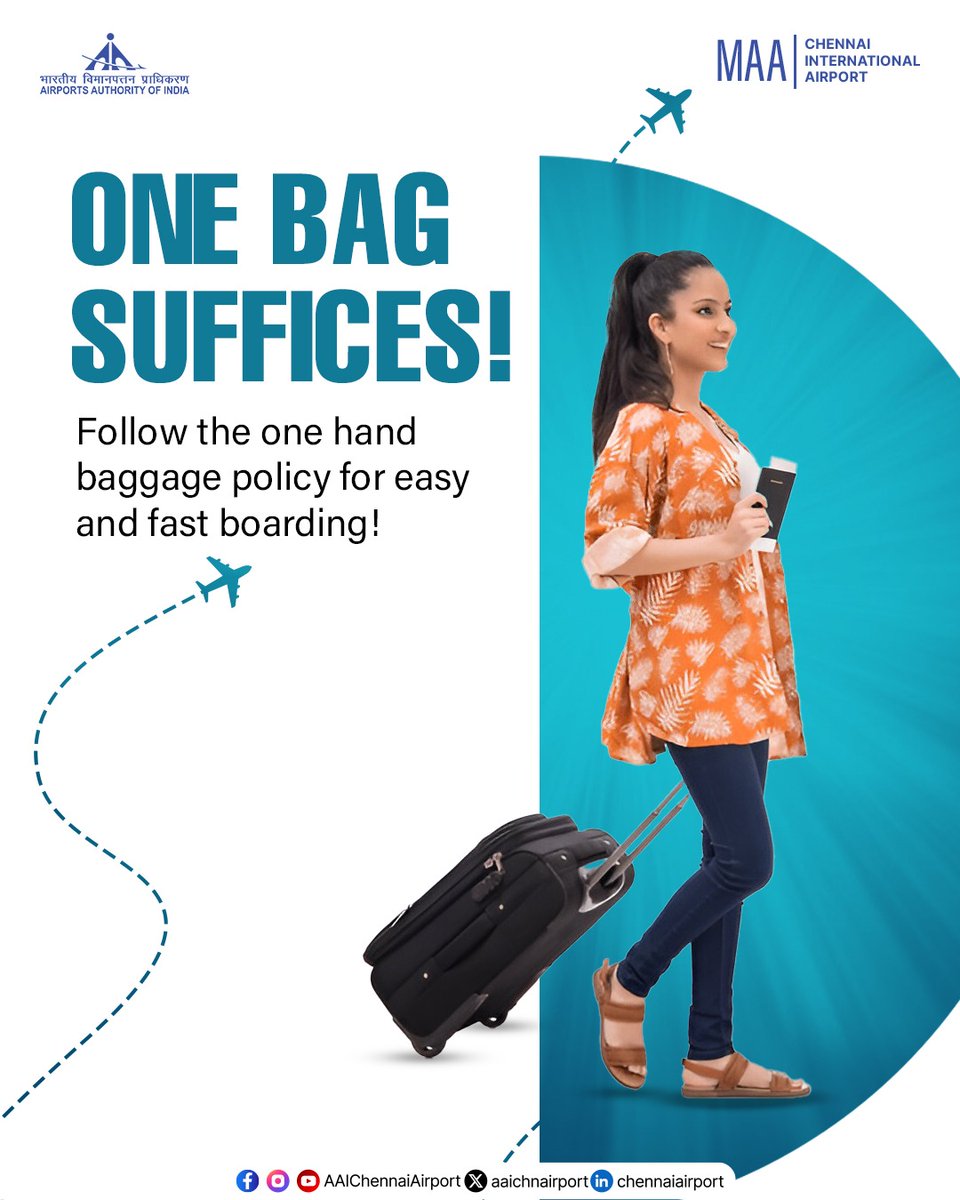 aaichnairport's tweet photo. Carrying only one cabin bag ensures smoother checks and faster boarding for all. Follow the #OneHandBag policy for a more efficient travel experience.
@AAI_Official | @MoCA_GoI https://t.co/0wejckDKtB
