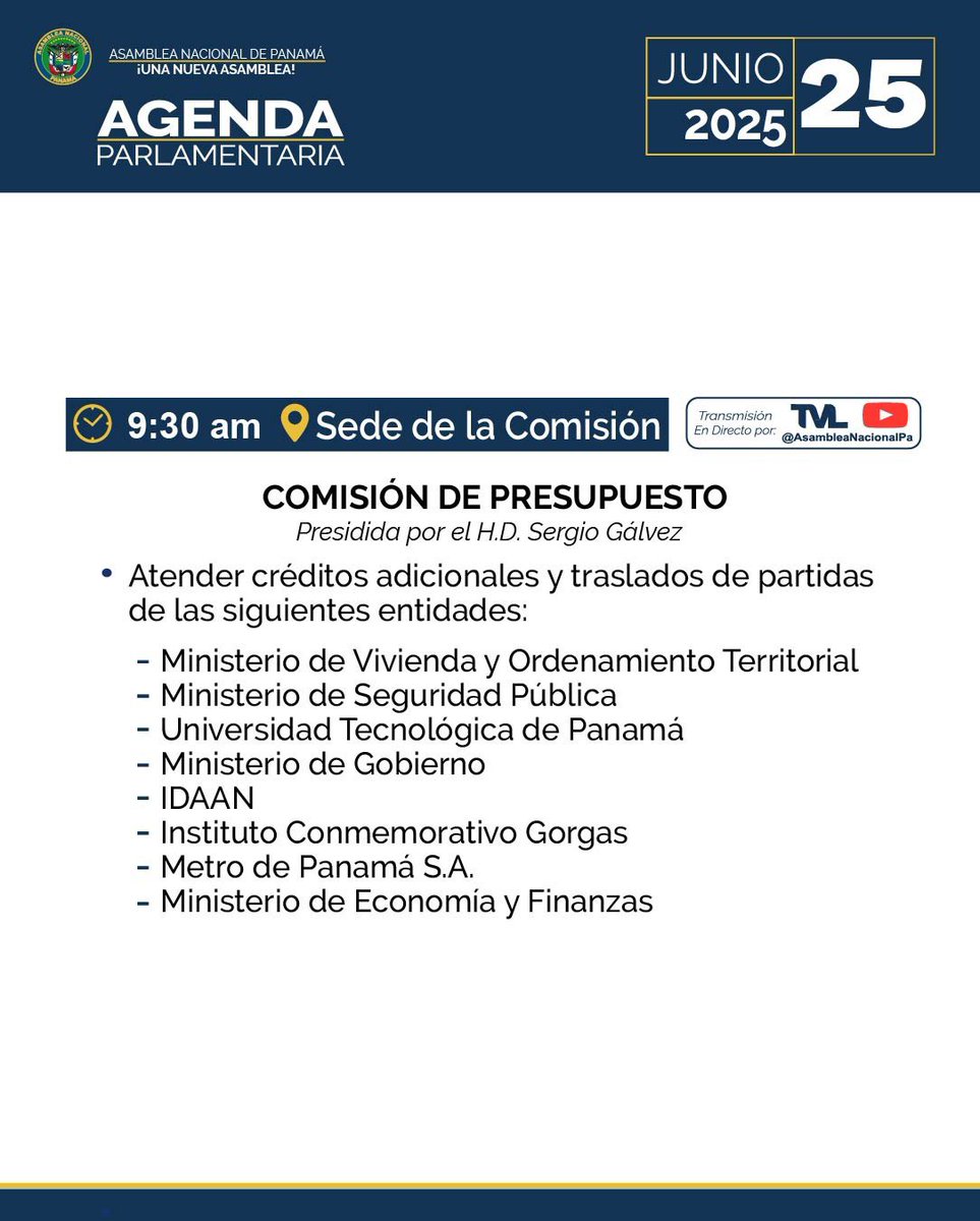 Compartimos la agenda de la Asamblea Nacional para hoy, miércoles 25 de junio de 2025.

#UnaNuevaAsamblea