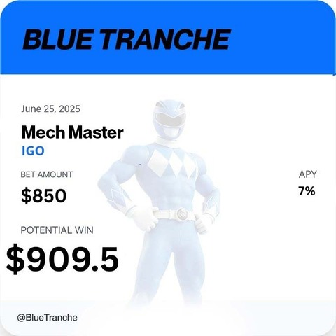 🔵 Blue Tranche unlocks early-stage GameFi upside.

With a 💰 $850 allocation into Mech Master| IGO, users can earn a 📈 7% APY, projecting a return of $909.50 — by investing early in projects on launchpads like GameFi.org, all powered by <a href="/TrancheVest/">TrancheVest ®</a>

#BlueTranche