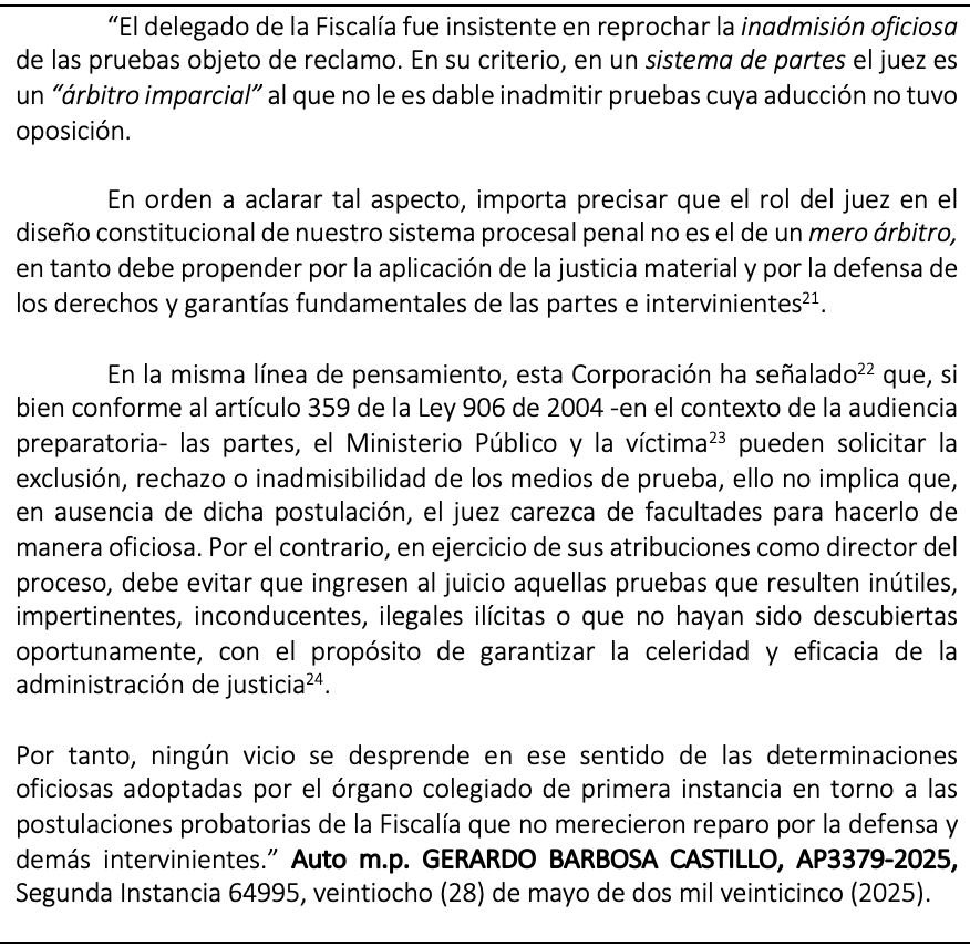 Puede el juez inadmitir oficiosamente pruebas sin que la contraparte u otros presenten oposición? Sí puede, puede oficiosamente inadmitir, excluir o rechazar pruebas. No es mero arbitro