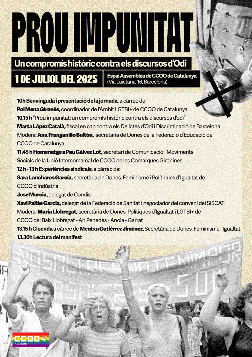 Àmbit LGTBI+ CCOO Catalunya (@lgtbiccoocat) on Twitter photo El proper dia 1 de juliol t'esperem a la seu de <a href="/ccoocatalunya/">CCOO de Catalunya</a> a Via Laietana. Prou impunitat!
#OrgullDeSer
Clicka aqui ver venir: docs.google.com/forms/d/11P-Rm… El proper dia 1 de juliol t'esperem a la seu de <a href="/ccoocatalunya/">CCOO de Catalunya</a> a Via Laietana. Prou impunitat!
#OrgullDeSer
Clicka aqui ver venir: docs.google.com/forms/d/11P-Rm…