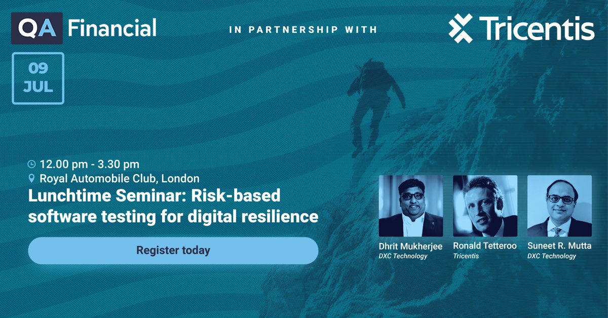 QA_financial's tweet image. 🚨Join us on July 9th at the @RoyalAutomobile Club for this lunchtime seminar (in partnership with @Tricentis and @DXCTechnology), on the topic of #DORA #compliance and #riskbased #testing: qafinancial.zohobackstage.eu/SeminarSoftwar…