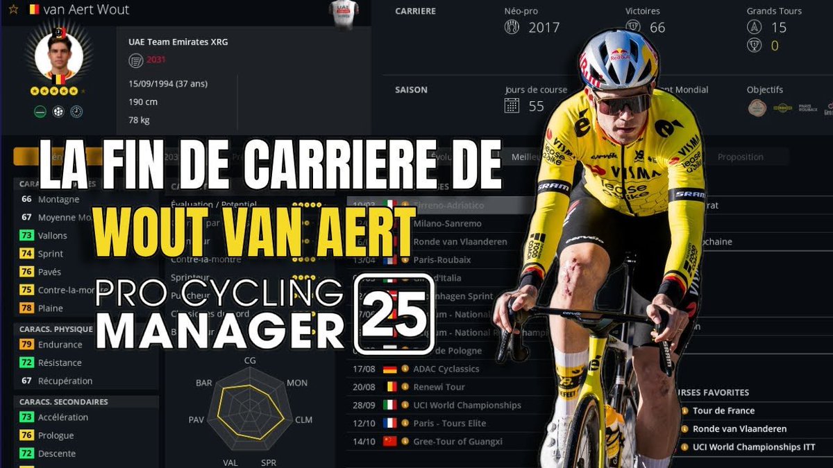 J’ai simulé la fin de carrière de Wout Van Aert sur Pro Cycling Manager 25, 💛

La vidéo est en ligne sur ma chaîne YouTube va t’il réussir à avoir son deuxième monument ?

youtu.be/4VautWMITso?si…

#belgique #wout #VanAert #PCM25
