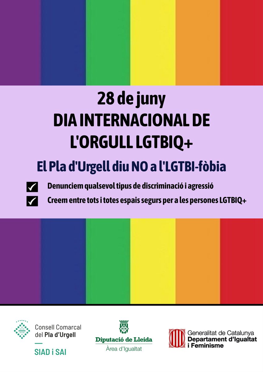 Consell Comarcal del Pla d'Urgell (@ccplaurgell) on Twitter photo 🏳️🌈 El #PlaDUrgell impulsa el seu primer Pla LGBTI+ comarcal (2025-2029)! 
Un pas endavant per garantir drets, visibilitzar la diversitat i impulsar canvis reals.
🗣️ El procés serà participatiu: enquesta i trobades obertes molt aviat! 
T’hi sumes?
#PlaLGBTI #Orgull2025 🏳️🌈 El #PlaDUrgell impulsa el seu primer Pla LGBTI+ comarcal (2025-2029)! 
Un pas endavant per garantir drets, visibilitzar la diversitat i impulsar canvis reals.
🗣️ El procés serà participatiu: enquesta i trobades obertes molt aviat! 
T’hi sumes?
#PlaLGBTI #Orgull2025