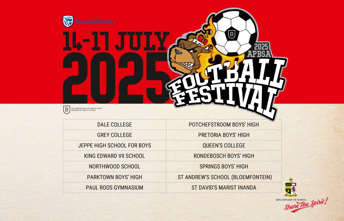 InfoKeet's tweet photo. ⚽️ The Stage Is Set! King Edward VII School proudly hosts the 2025 #APBSA Football Festival from 14–17 July .🟥 14 top schools. 🔥 3 days. 1 epic festival.
📍 KES | 🗓 Save the dates ! @KingEdVIISchool 
@StandardBankZA @SpurRestaurant @Afrihost   @TigerWheelnTyre @LaRochePosayTH https://t.co/eP6qNf2BYs